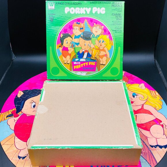 Vintage 1979 Porky Pig Petunia MISS PRETTY PIG 125 pc Round Puzzle -Complete - Picture 12 of 12